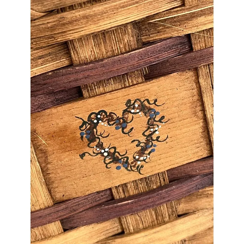 Vintage Brown Woven Bamboo Basket Heart Motif High Handle Cottagecore Folk Art